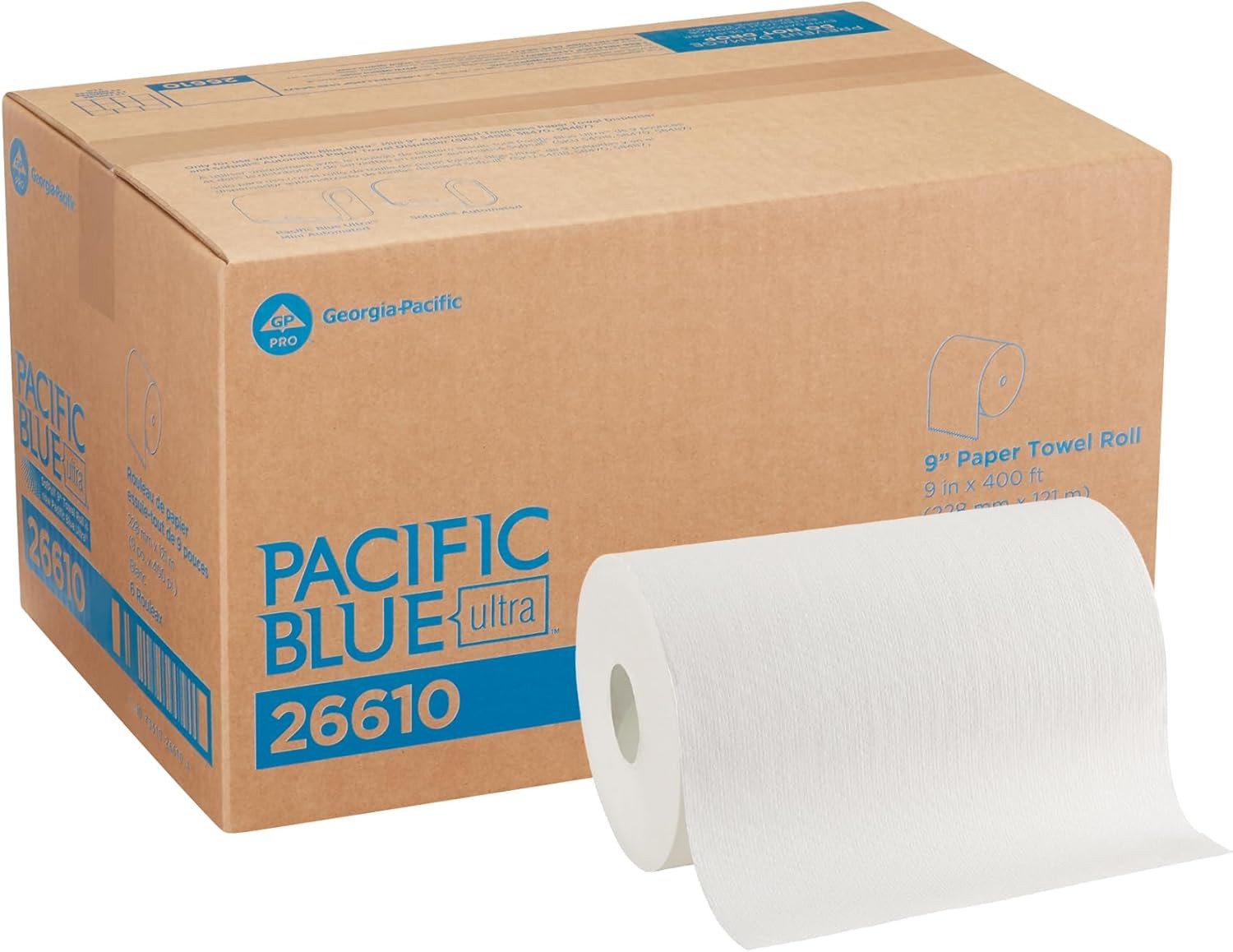 Georgia-Pacific, Pacific Blue Ultra, 9″ Paper Towel Rolls (26610), White, 6 Roll