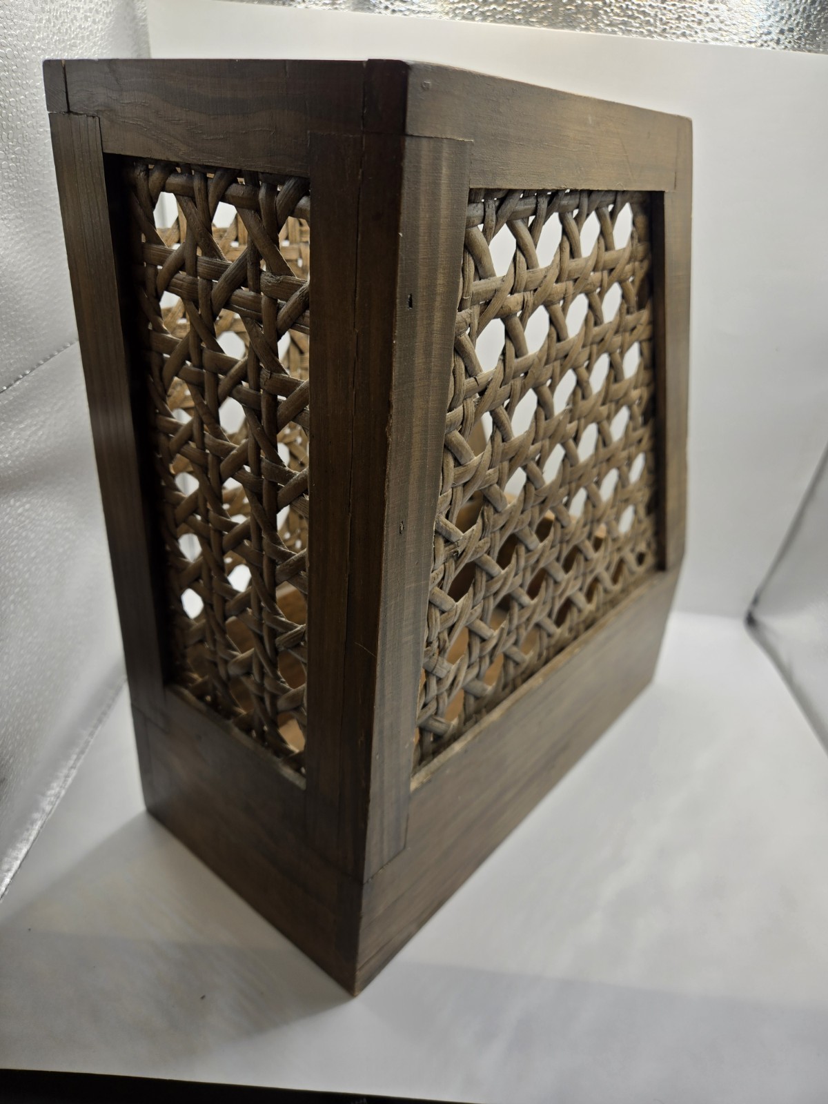 Mid-Century Teak Wood Desktop File Organizer | Geometric Cutout Magazine Rack |