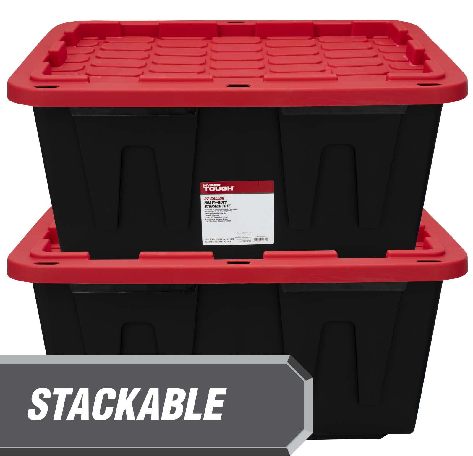 Hyper Tough 27 Gallon Snap Lid Plastic Storage Bin Container Black w/Red Lid,NEW