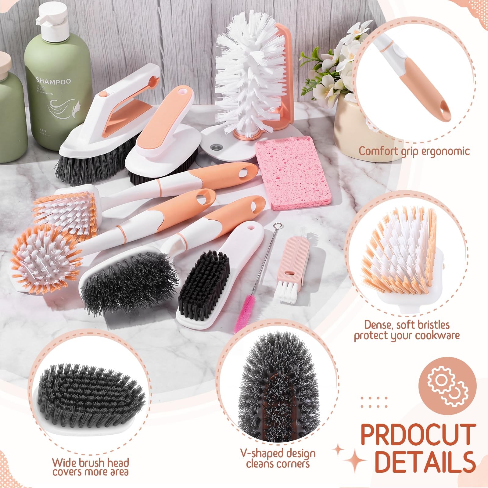 Ferrochef 10 Pack Dish Brush Set for Household Use Kitchen Scrub Brushes with…