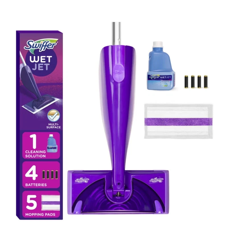 Swiffer Wet Jet with Refill, Unscented, 1 Handle + 1 Solution & 5 Pads + Battery