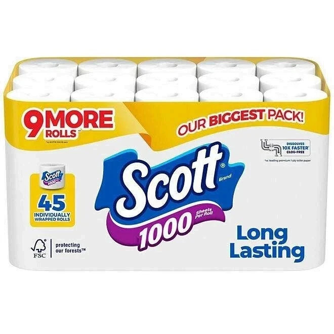 Scott 1000 1-Ply Toilet Paper 45 rolls, 1,000 sheets/ roll Free Shipping