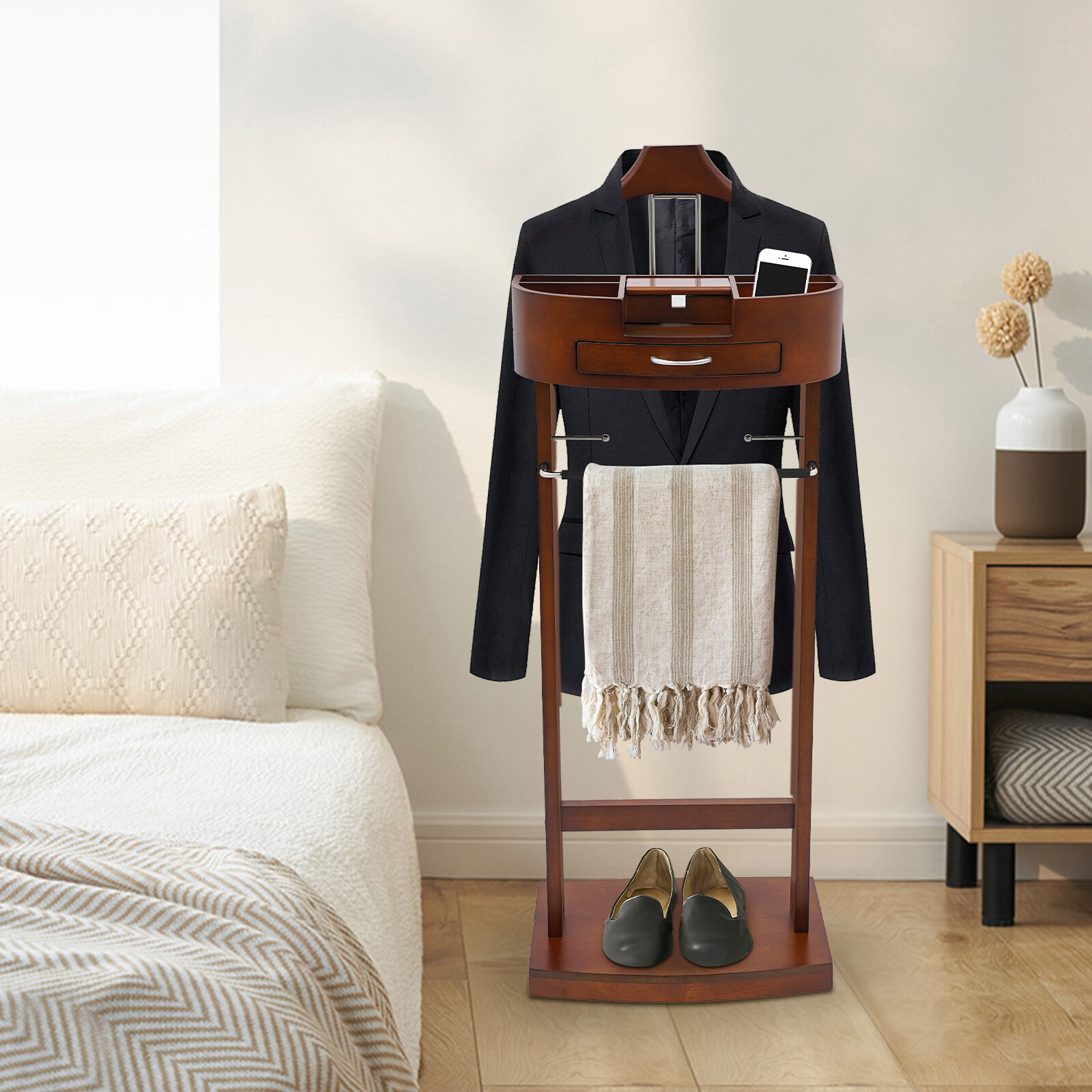 Free Standing Wood Suit Rack, Freestanding Clothing Valet Stand, Valet Stand