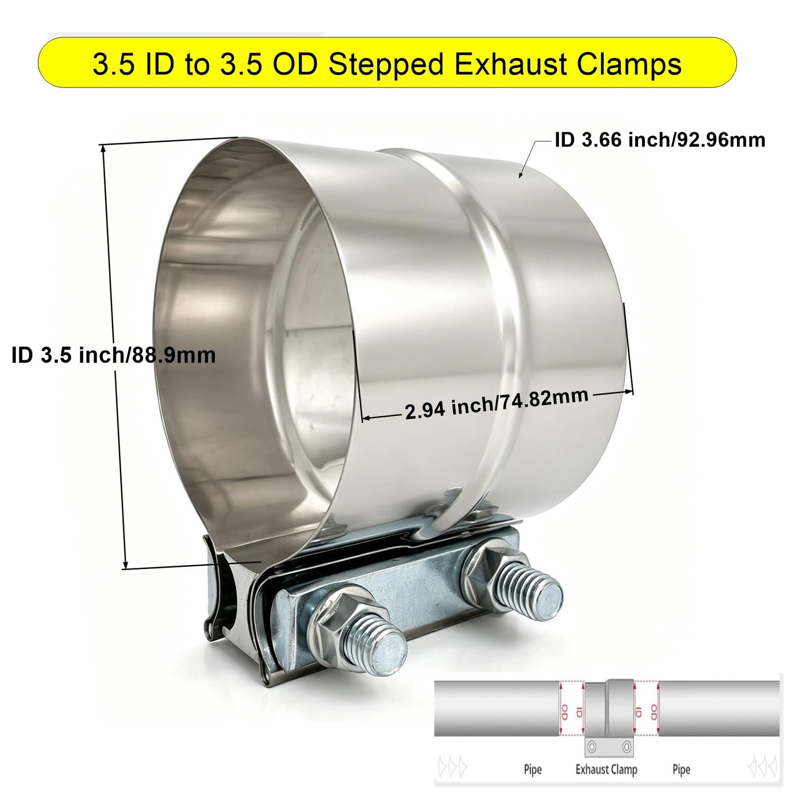 Elifecenter 3.5″ Exhaust Band Clamps, 3-1/2 inch Stainless Lap Joint Clamp | …