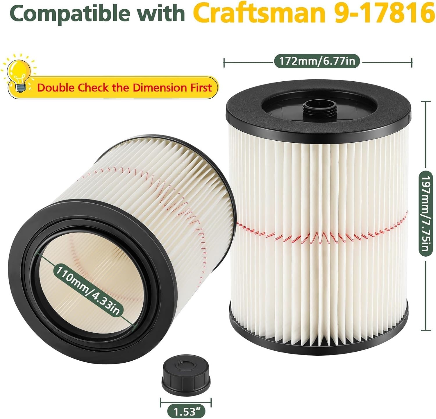 2PACK 9-17816 Replacement Cartridge Air Filter Wet Dry For Shop Vac Craftsman