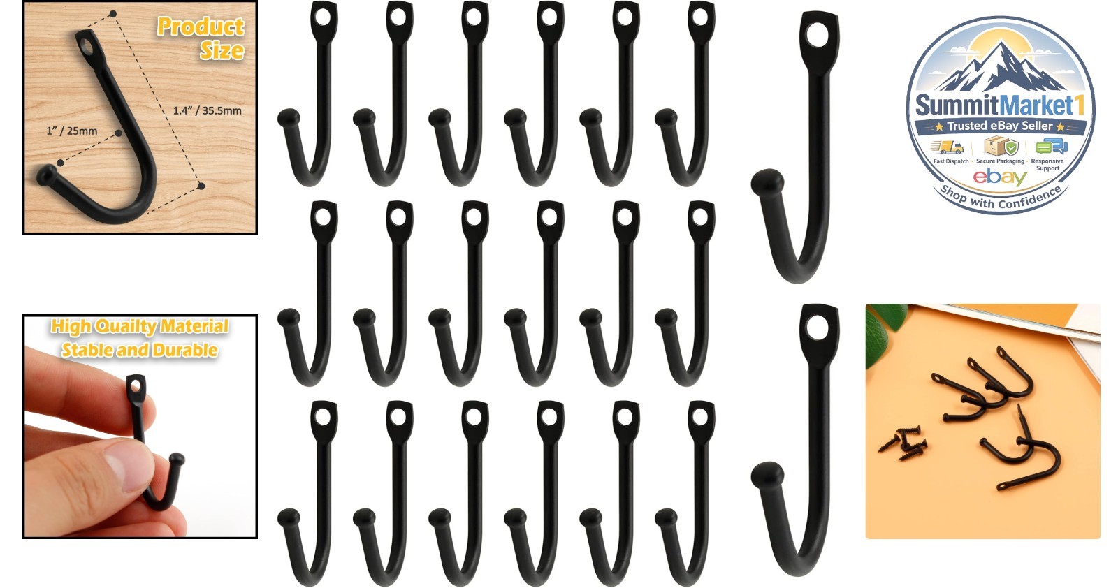 20 Pcs Black Wrought Iron Wall Hooks for Keys Hats Clothes Towels