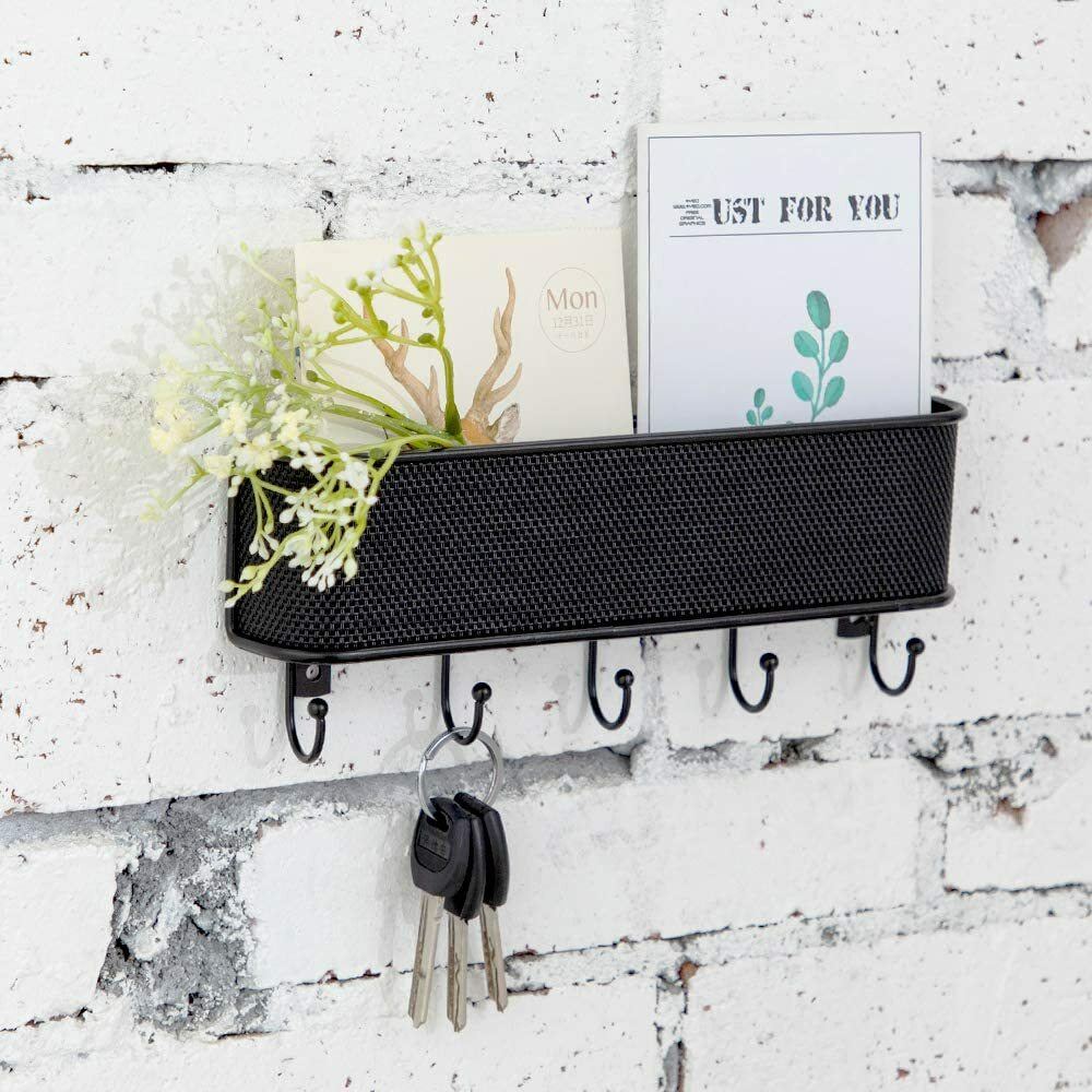 Wall-Mounted Key Holder & Mail Organizer with 5 Hooks – Entryway Storage & Decor