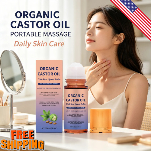 3x Organic Golden Castor Oil Roll-On with Rose Quartz for Skin,Hair&Wrinkle