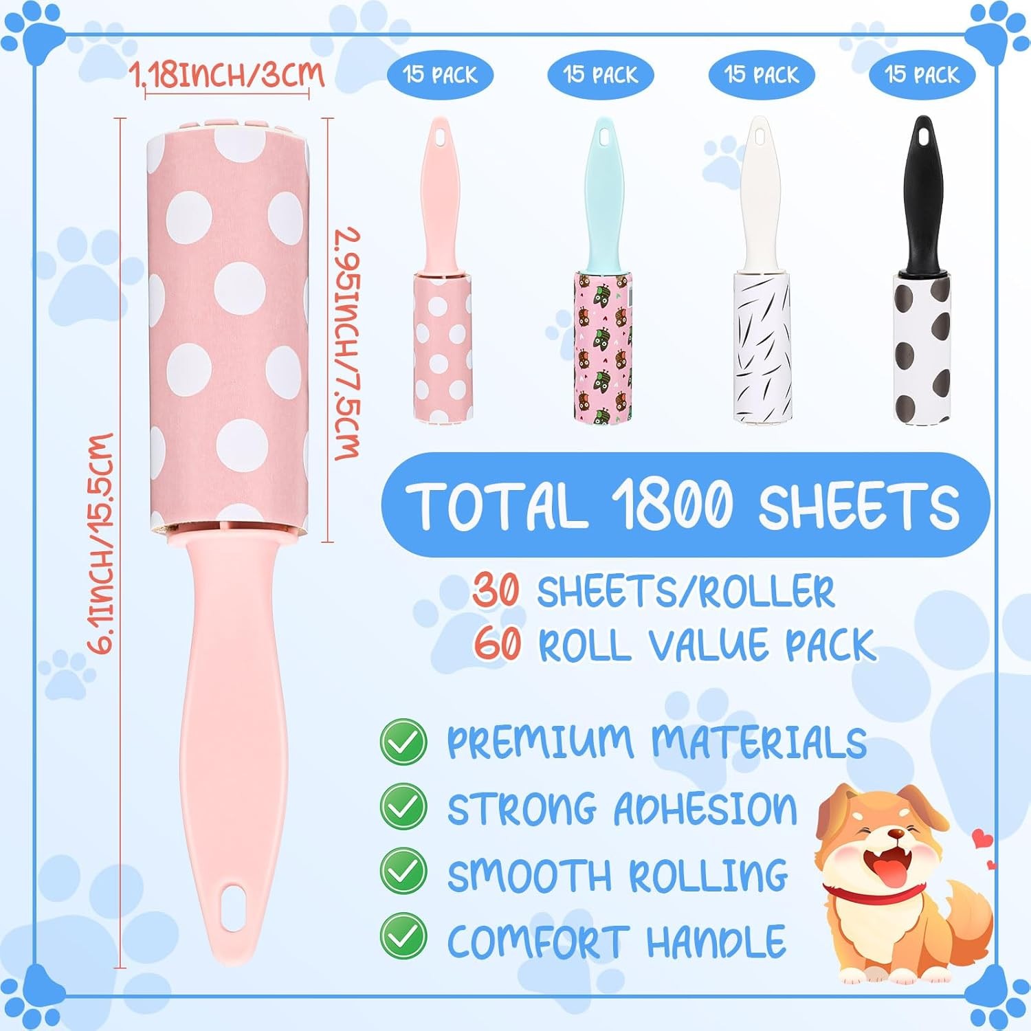 Hushee 60 Pcs Bulk Mini Lint Roller for Pet Hair and White, Blue, Black, Pink