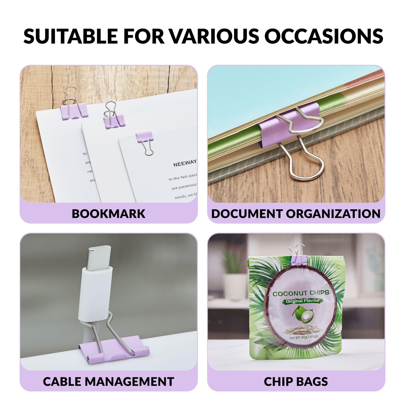 NEEWAY 100 Count Binder Clips Assorted 0.6inch, 0.75inch, 1inch, Purple