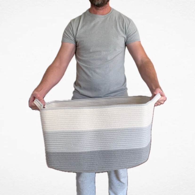 Large gray & white cotton rope basket, blanket basket, storage basket, laundry