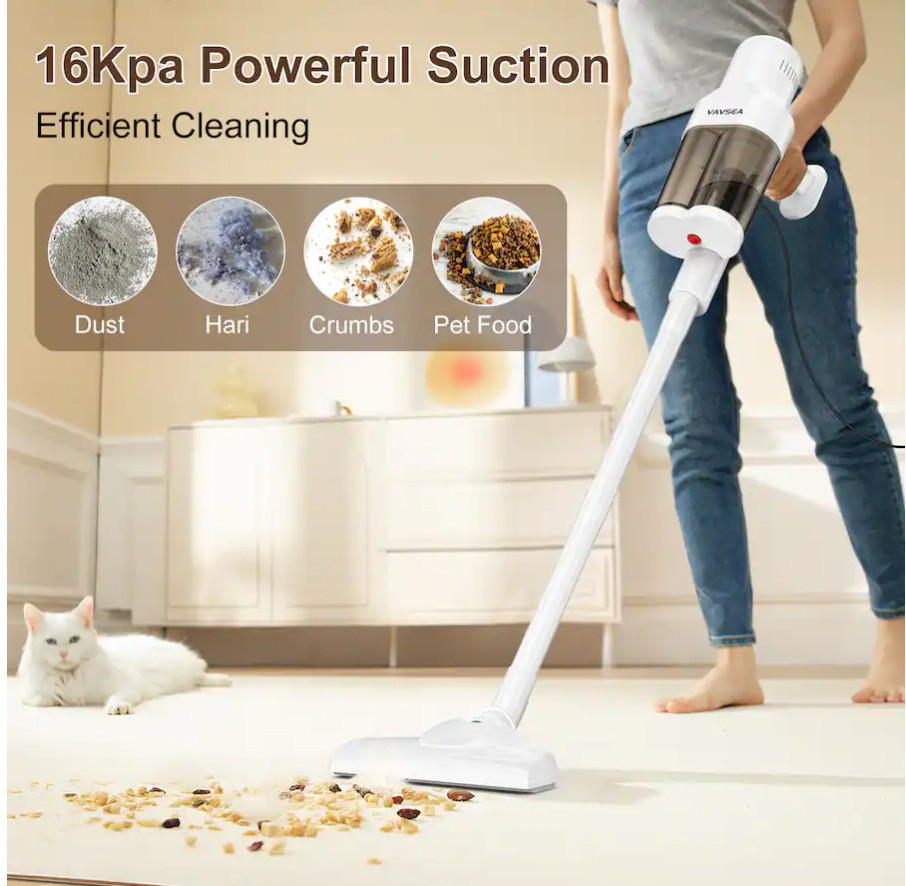 Corded Stick Vacuum Cleaner 22KPA Suction HEPA Filter 800ML Dust Cup White Quiet
