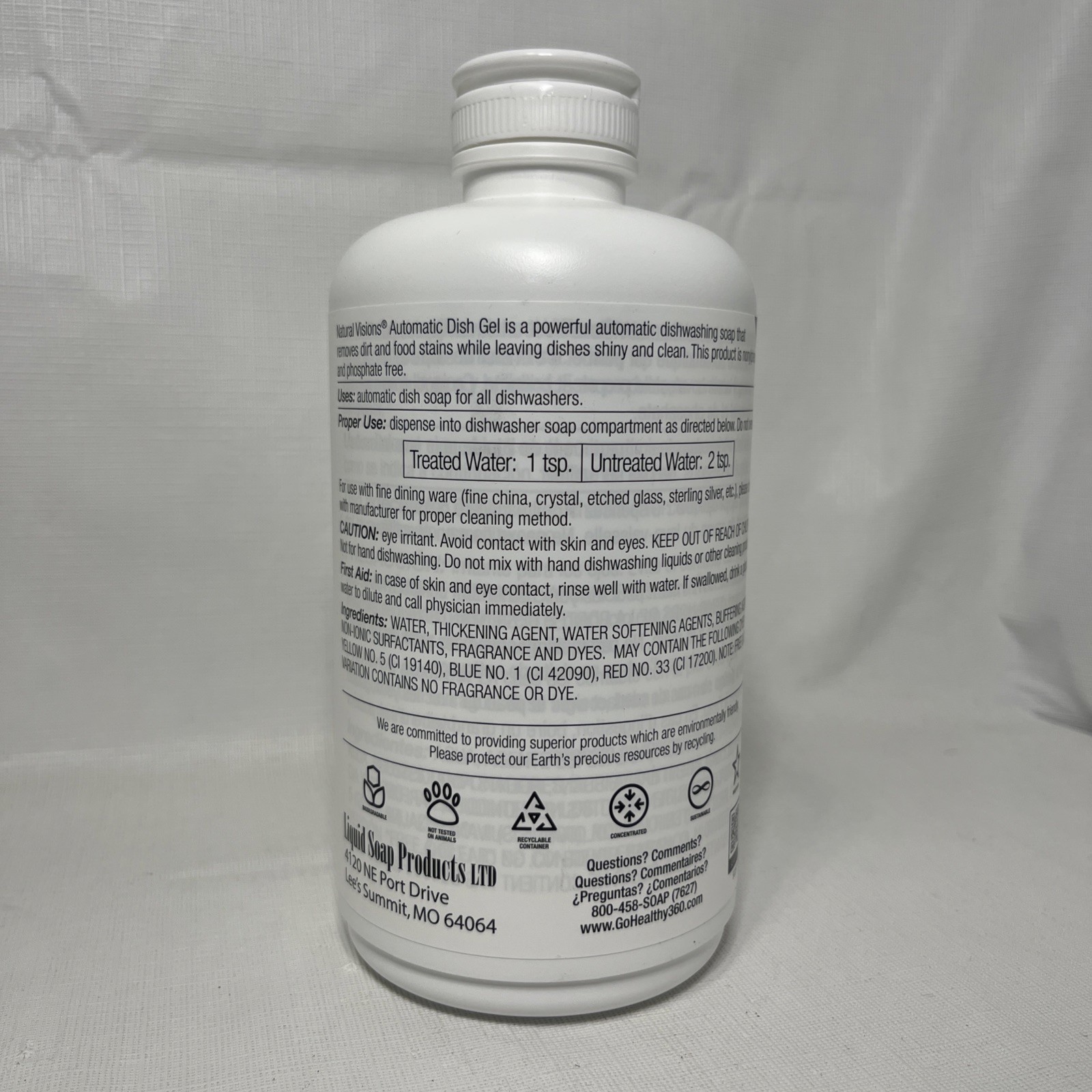 Natural Visions Liquid Automatic Dishwasher Dish Gel Concentrate 1 Liter NEW