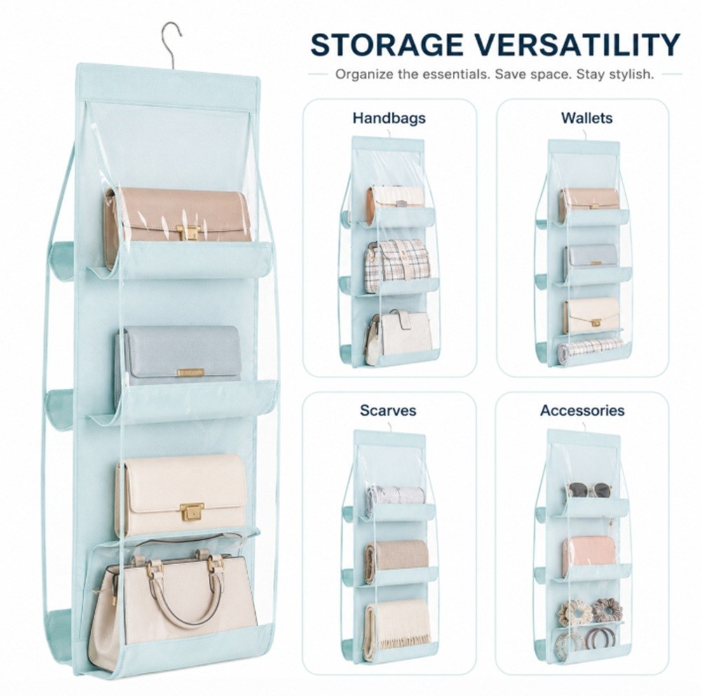 Hanging Handbag Organizer for Wardrobe – 6 Pocket Shelf Bag Storage Holder