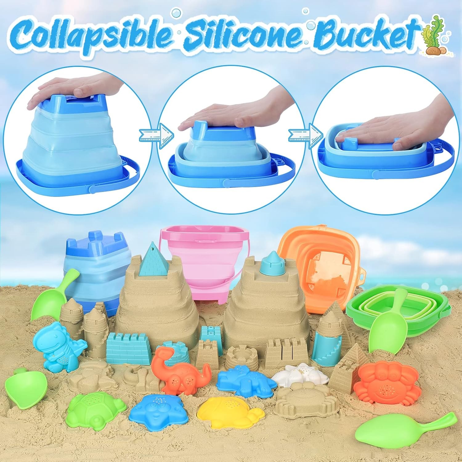 Beach Toys with 4 Collapsible Buckets, Sand Molds for Kids 3-12 | 2 Mesh Bags,