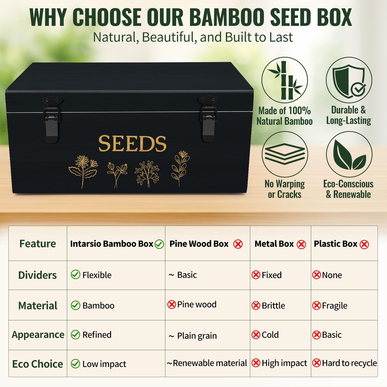 Large Bamboo Wood Seed Storage 13.2 x 7.8 x 5.9 inches, 3.Black(Large)