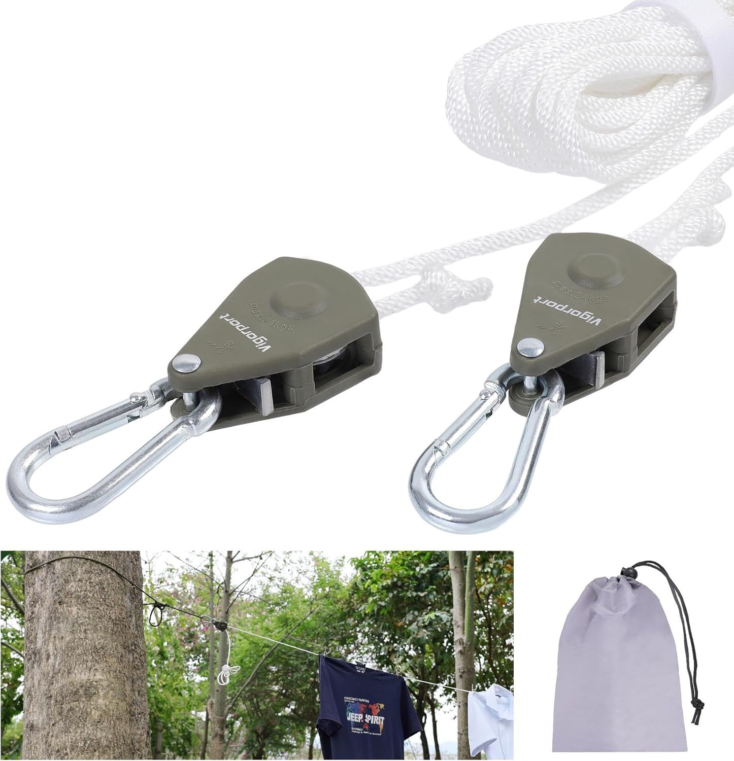 Tendedero de retractil viaje portatil cuerda polea mosqueton camping 19Ft