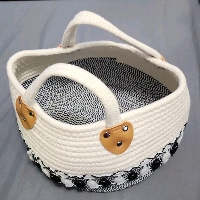 Black And White Woven Basket with Black And White Tassels & Handles Washroom