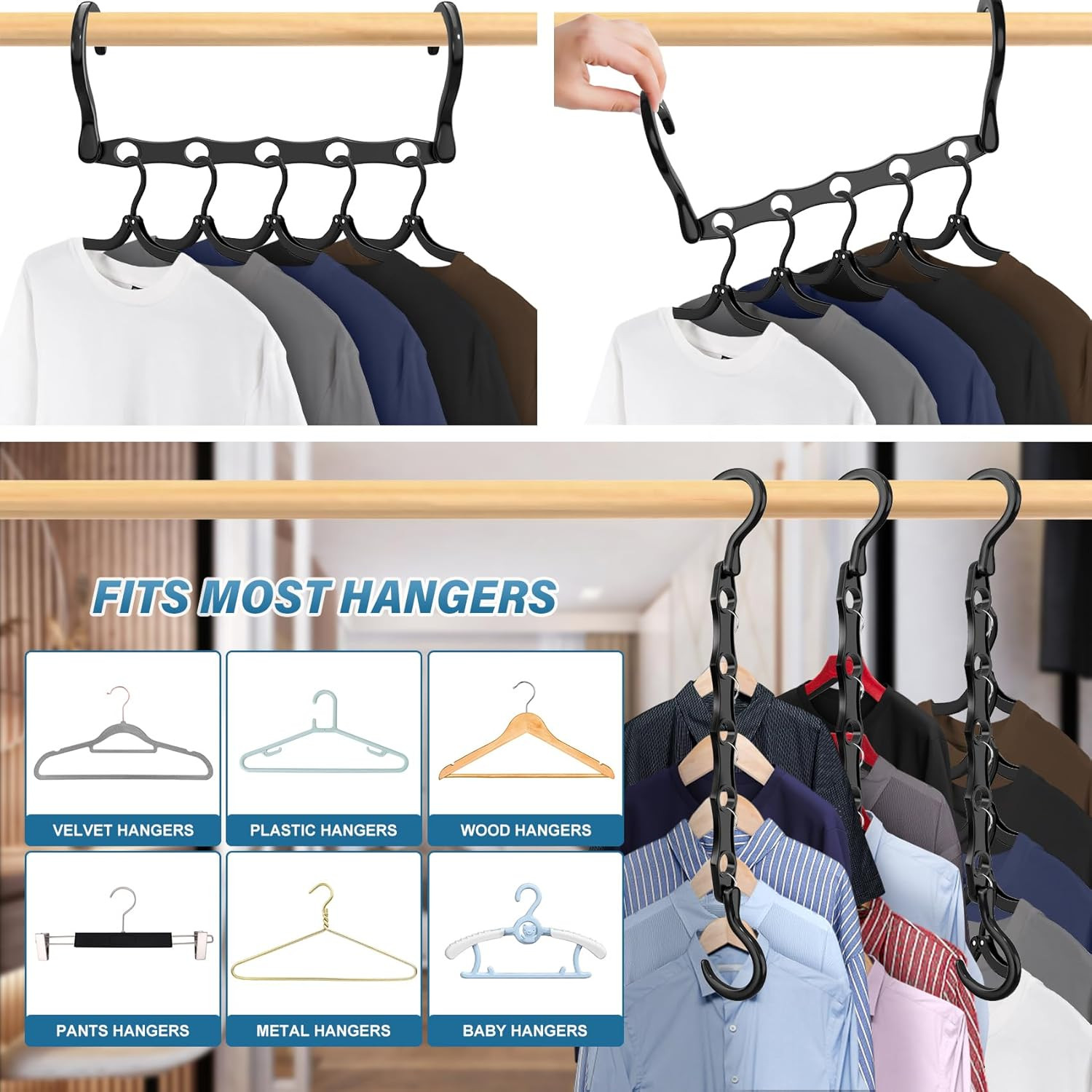 24 Pack Hangers Space Saving Magic Plastic Hanger Organizer Dark Black | Shirt S
