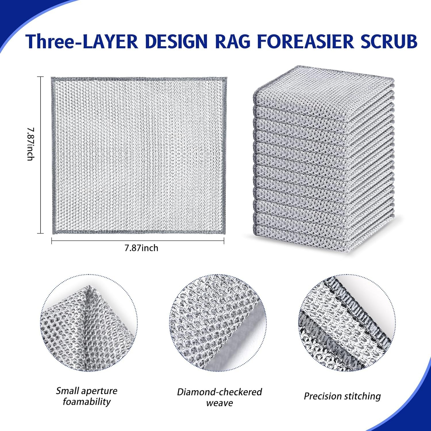 12PK 3-Layer Non-Scratch Wire Dishcloths, 7.87 x 7.87 in | metal scrubber,wet &
