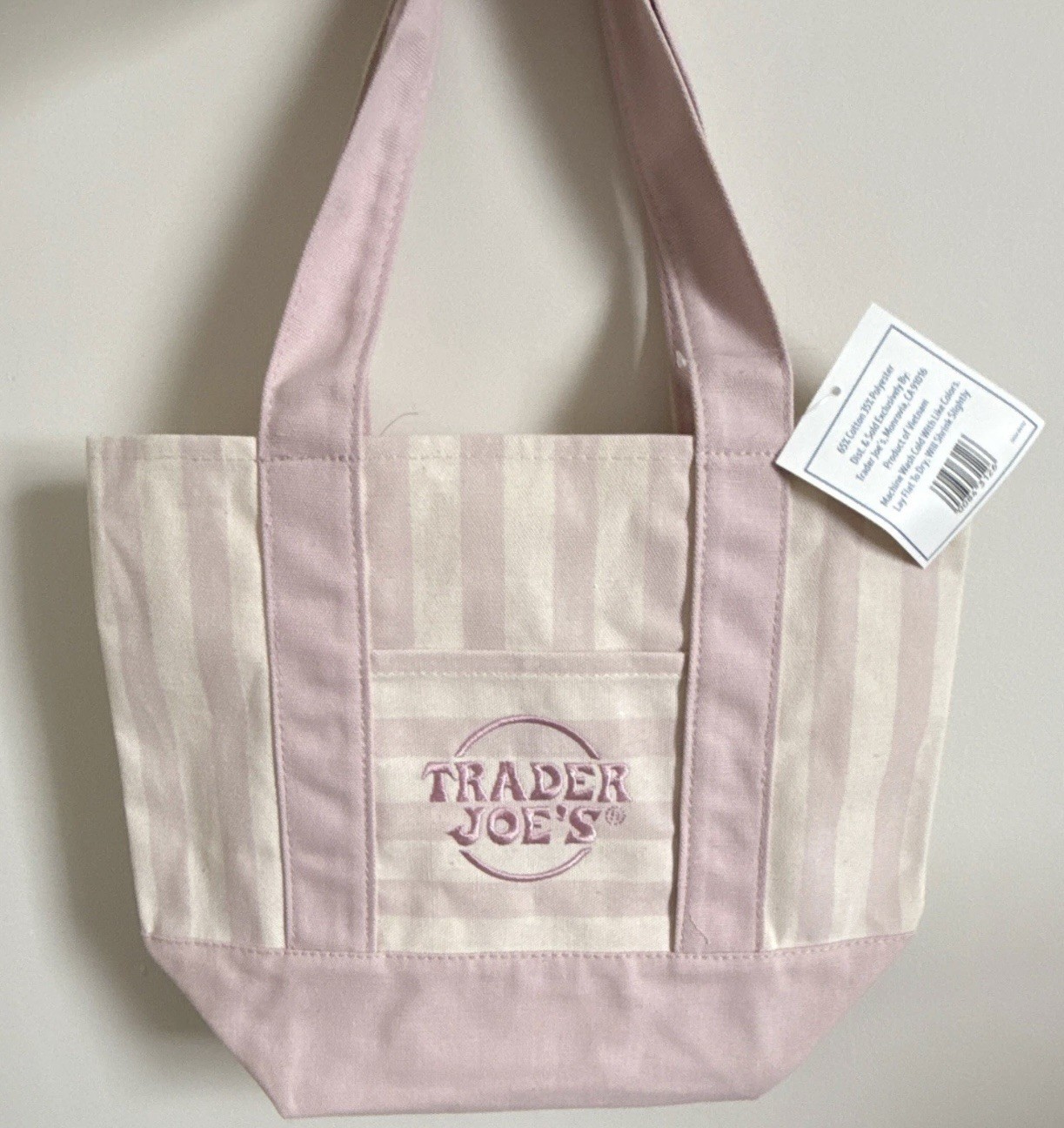 Trader Joe’s Striped Mini Canvas Tote Bag, Pink/White, Cotton/Polyester