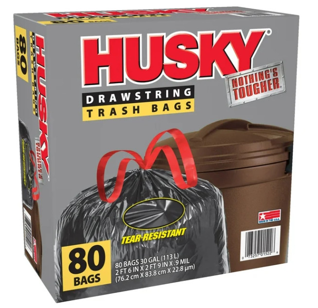 3 packs Husky Large Trash Bags, 30 Gallon, 80 Black Bags (Unscented, 20% PCR)