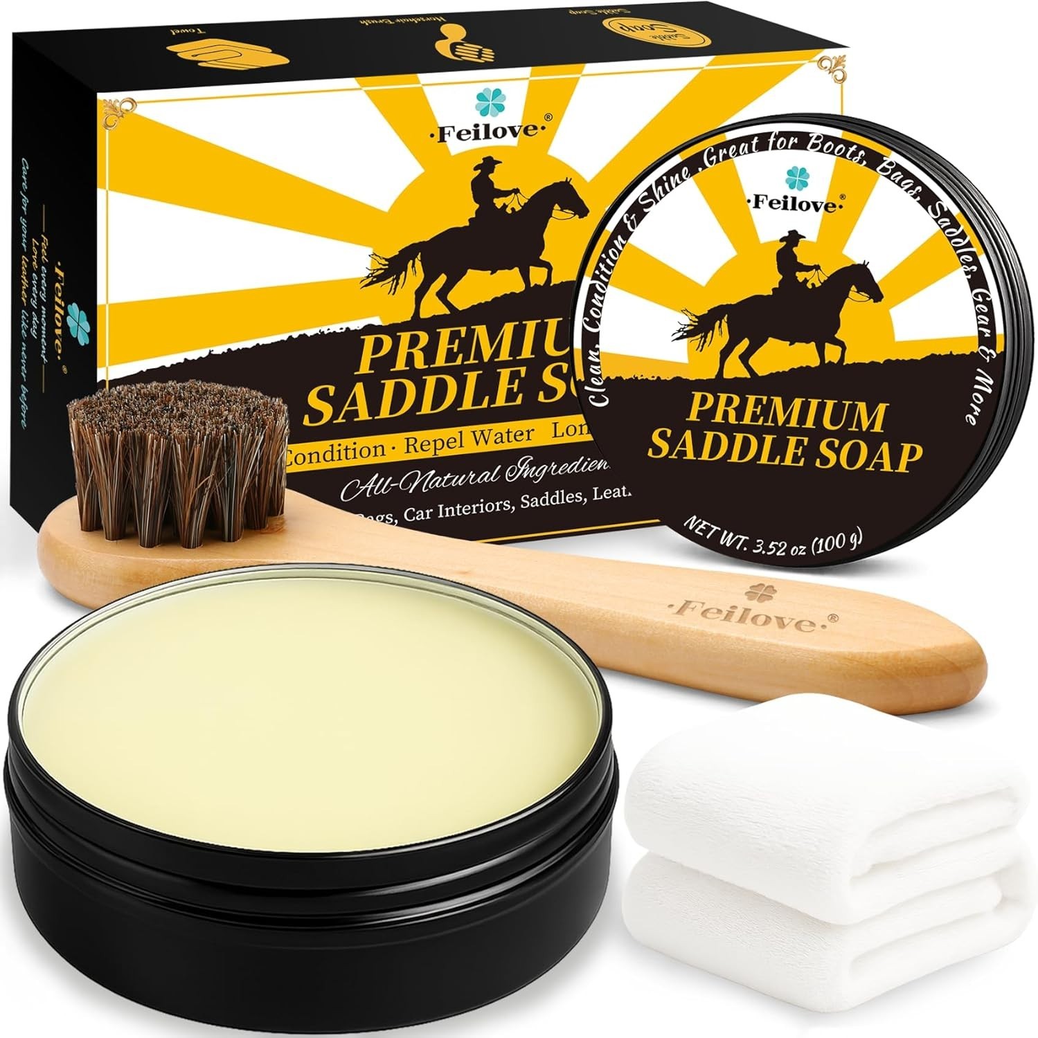 Essential Leather Care 3-in-1 Kit with Saddle Soap, Brush & Cloth – 3.52oz