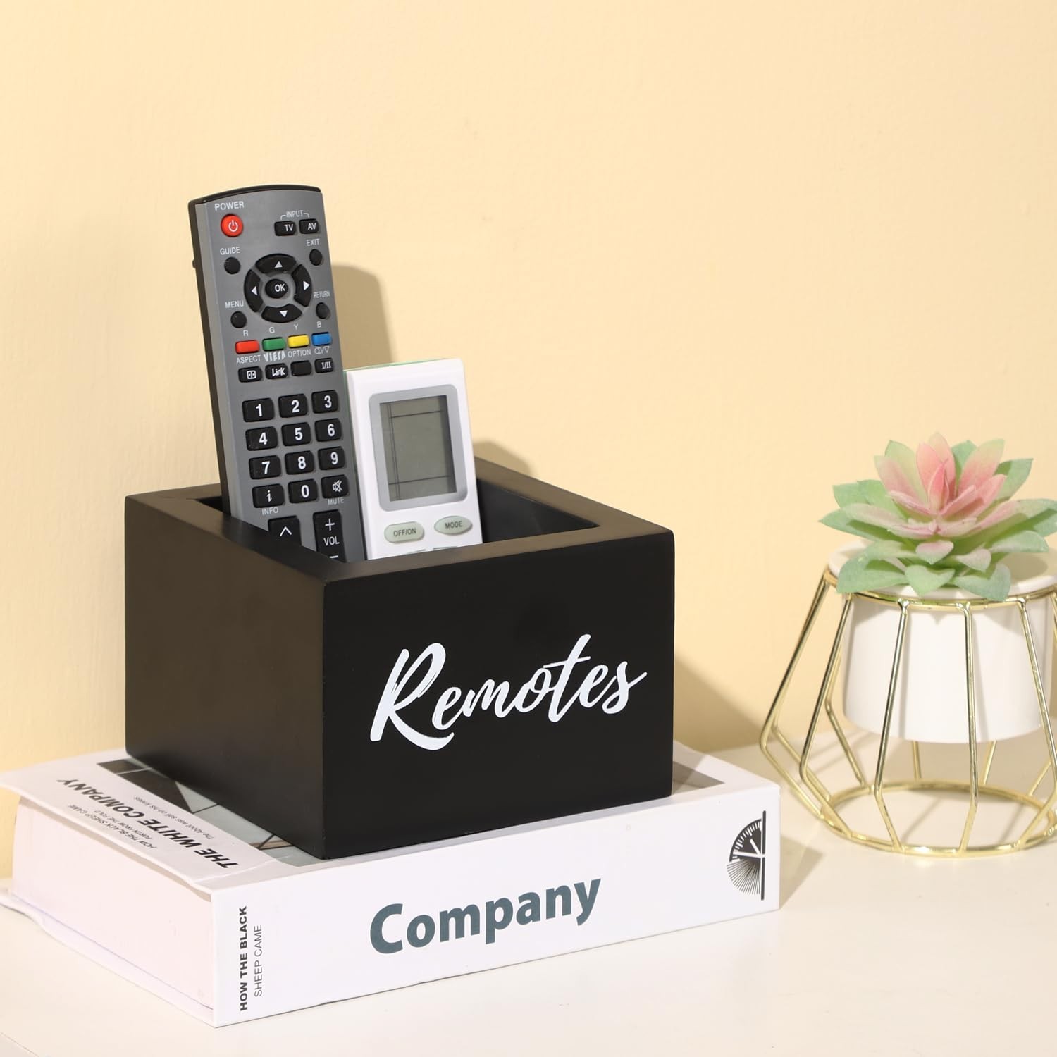 Black Wooden TV Remote Control Holder Desk Table Storage Organizer Caddy Box
