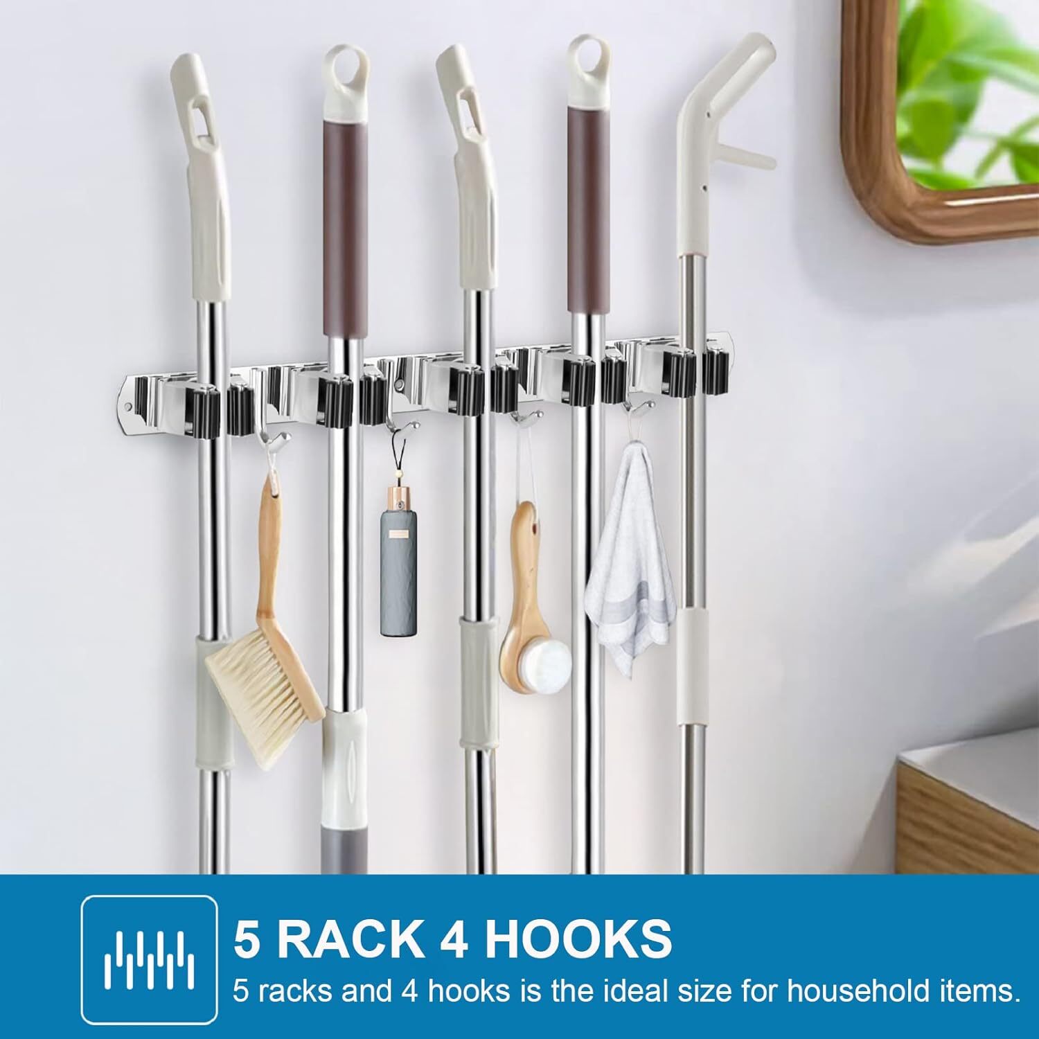 IMILLET 2 Pack Wall Mount Broom Holder Stainless Steel 5 Racks with 4 Hooks Broo