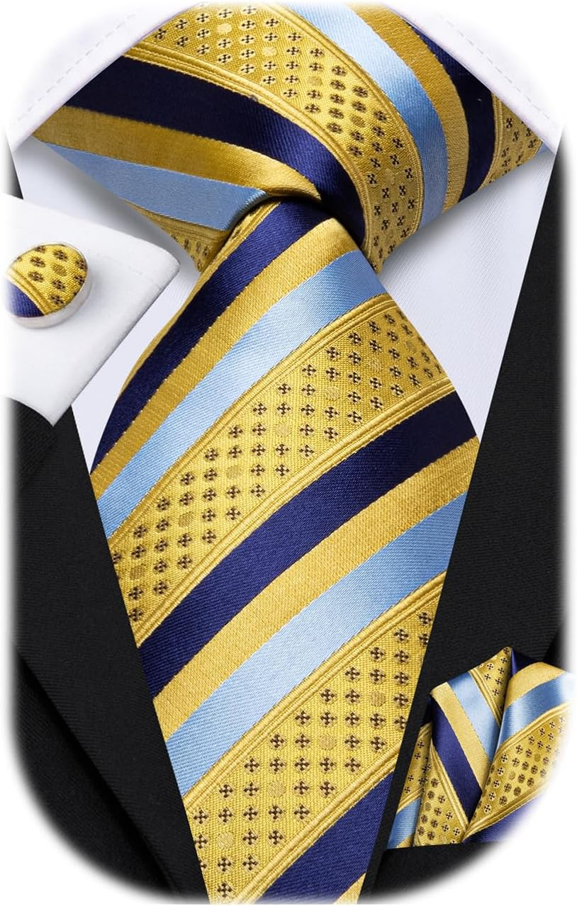 Mens Plaid Ties Classic Paisley Necktie with Handkerchief Cufflinks Set Business