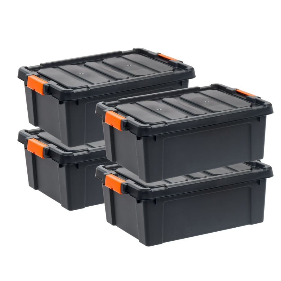 IRIS 12 Gal Stackable Latching Storage Tote Heavy Duty Black/Orange 4 Pack