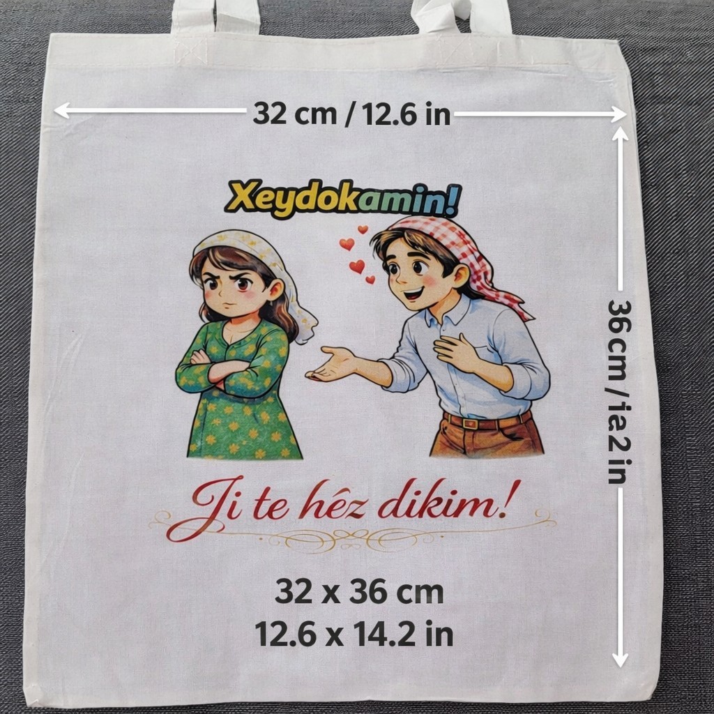 Kurdish Tote Bag – Ji te hêz dikim Love Design, 32×36 cm Cotton Tote