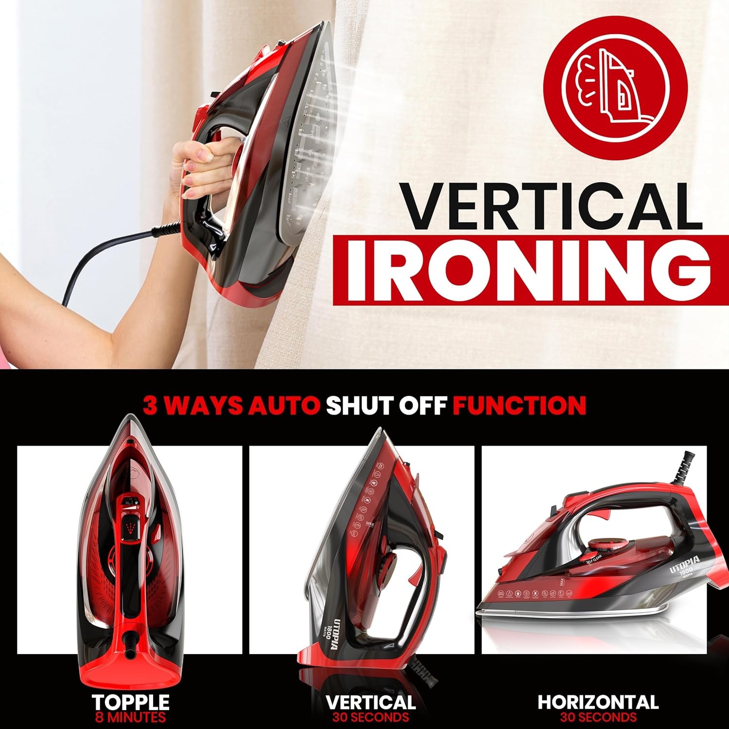 Utopia Home Iron for Clothes 1800W Adjustable Steam Self Clean Black Red
