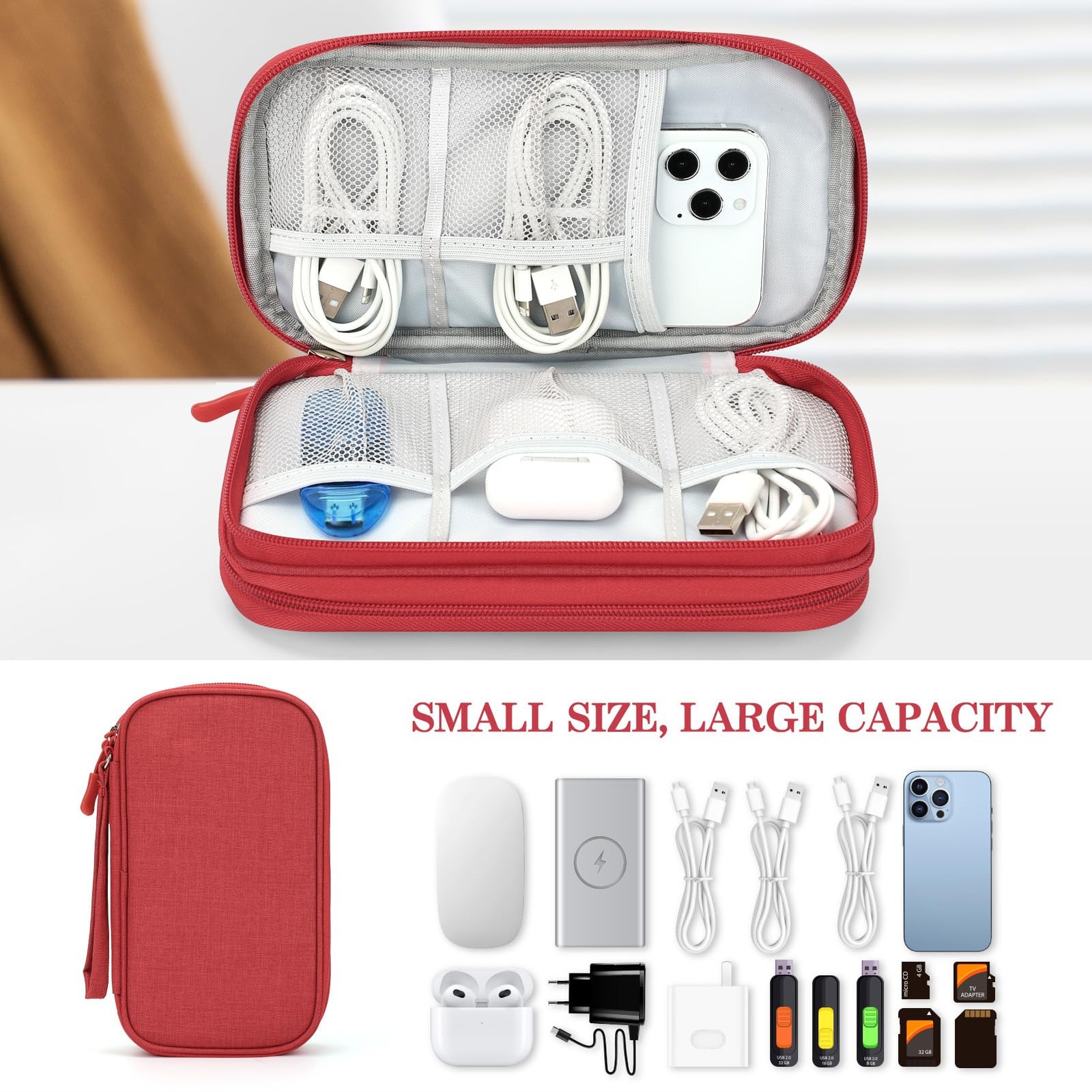Electronic Organizer, Travel Tech Pouch Bag, Medium, Red