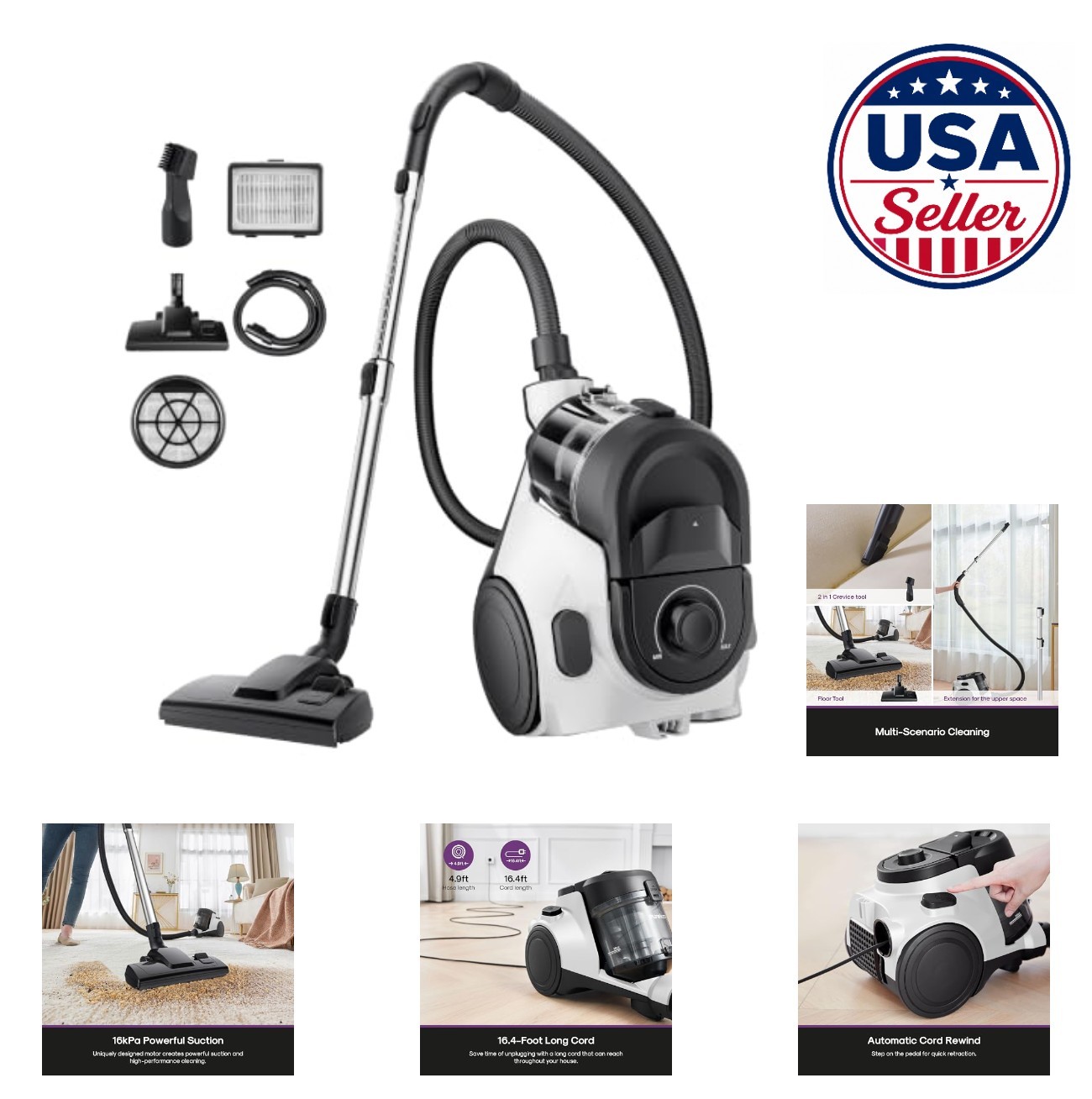 Bagless Canister Vacuum Cleaner 1100W HEPA Filter for Carpets Hard Floors Corded