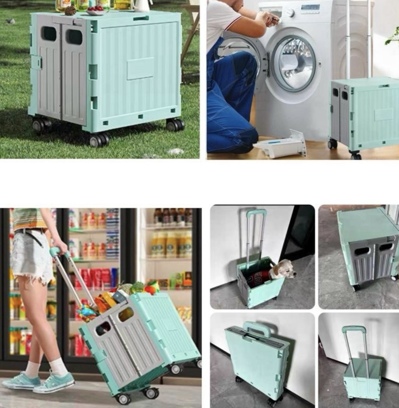 Folding Rolling Cart with Lid,Collapsible Trolley for Shopping and Office(pink)
