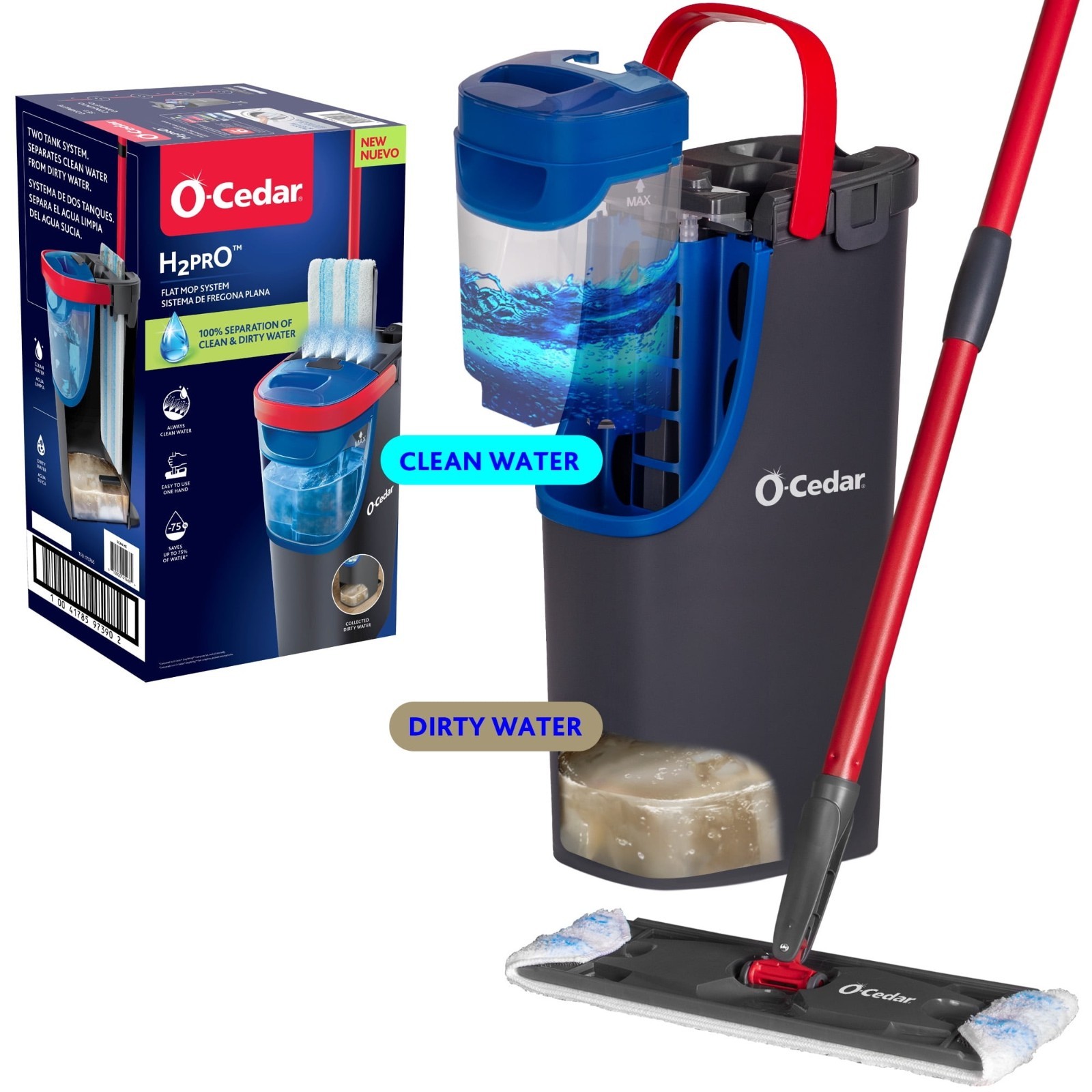 O-Cedar H2prO™ Flat Mop System with Dual Tank Design and Reusable Microfiber Pad