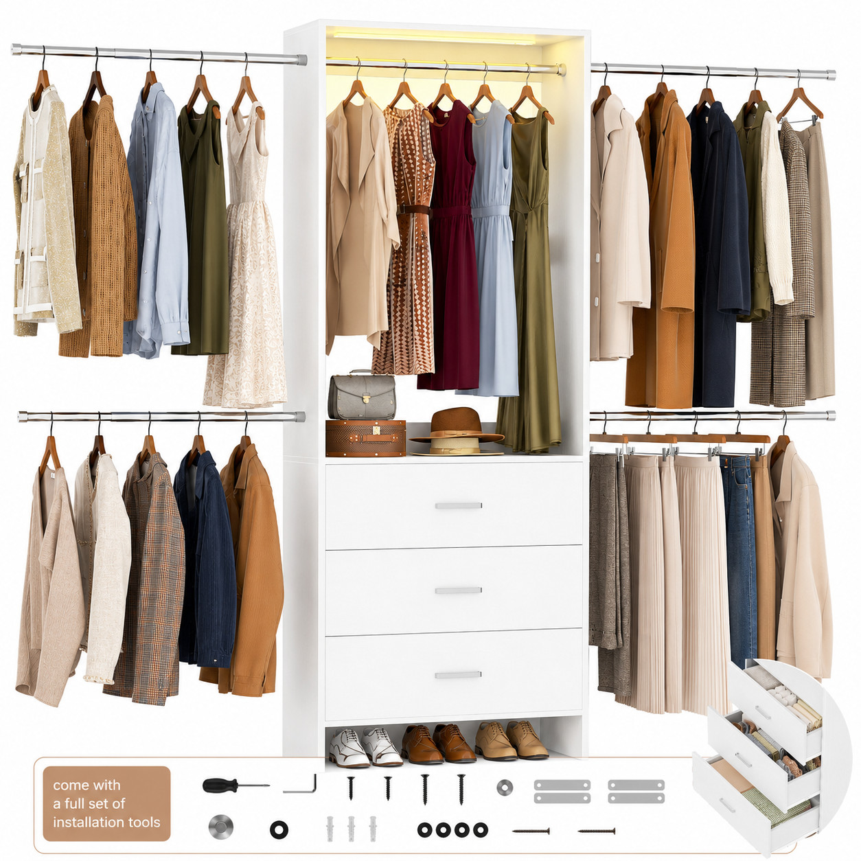 Heavy Duty Closet Organizer System with Motion Activated LED Lights and 3 Drawer
