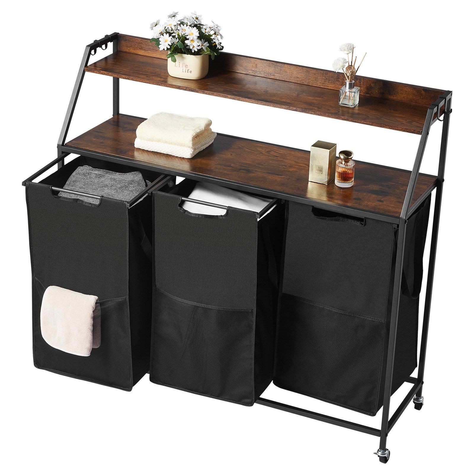 2-Tier 3-Section 600D Oxford Cloth Laundry Sorter with Metal Frame & Wooden Top