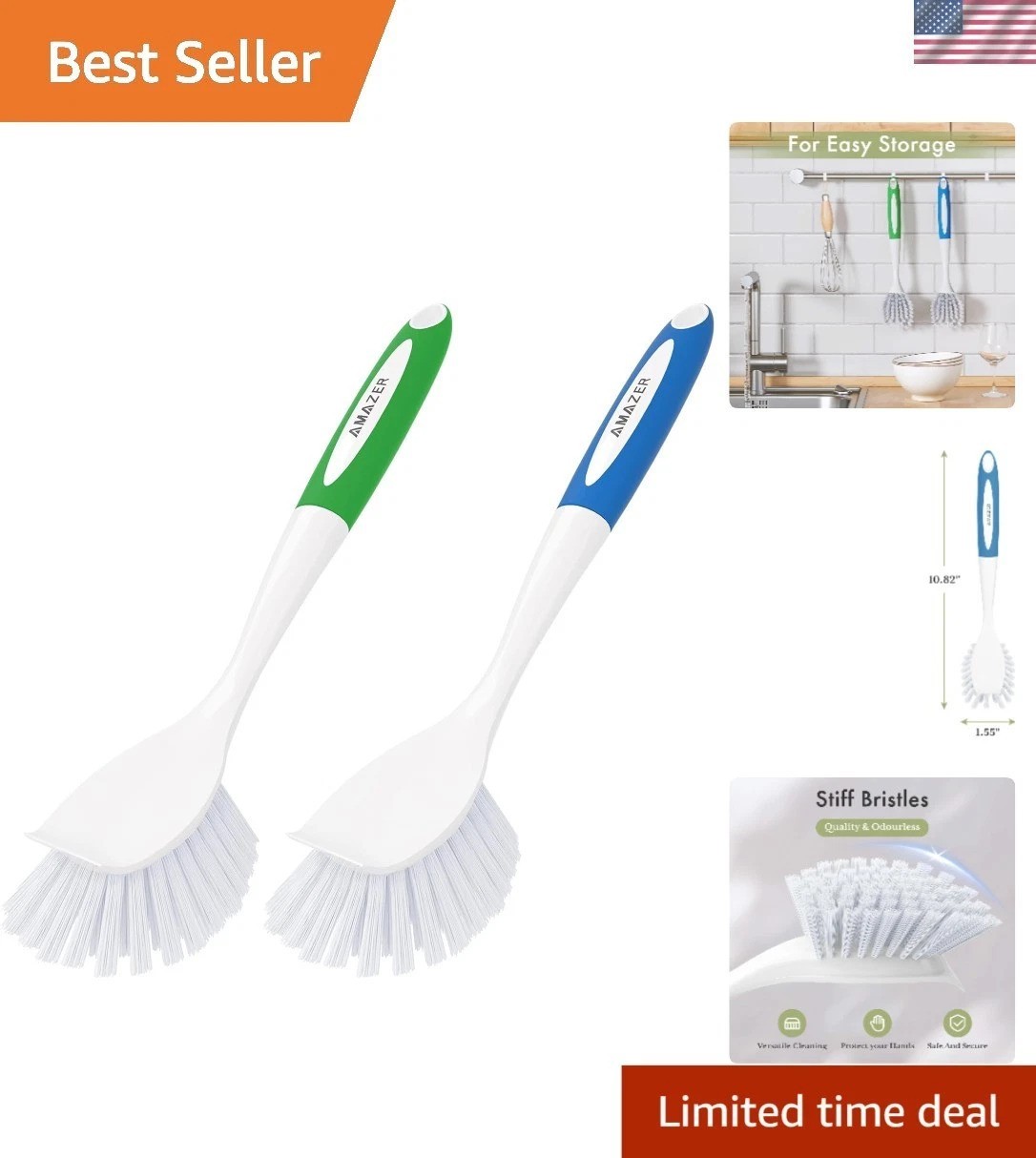 2-Pack Ergonomic Dish Brush Set with Stiff Bristles – Ideal for Kitchen & Bath