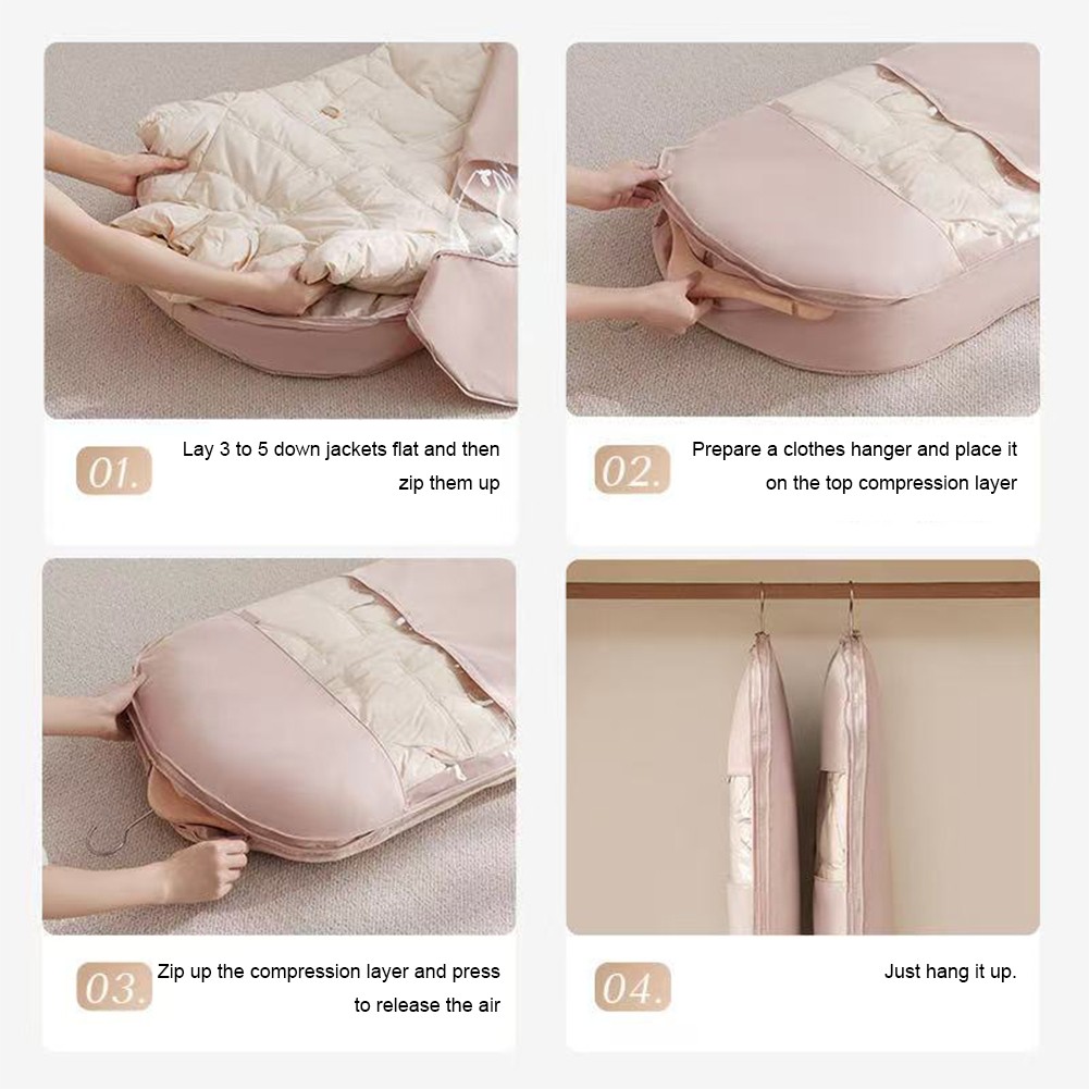 Space Saving Hanging Garment Bag w/ Self Compression Zipper Storage Bag(Pink M)