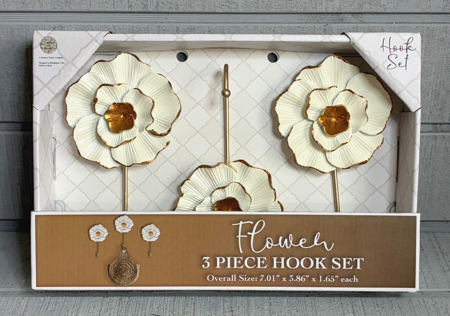 CEDAR and SAGE 3 Piece Flower Hook Set ~ 7.01″ x 3.86″ x 1.65″ ~ NEW IN PACKAGE