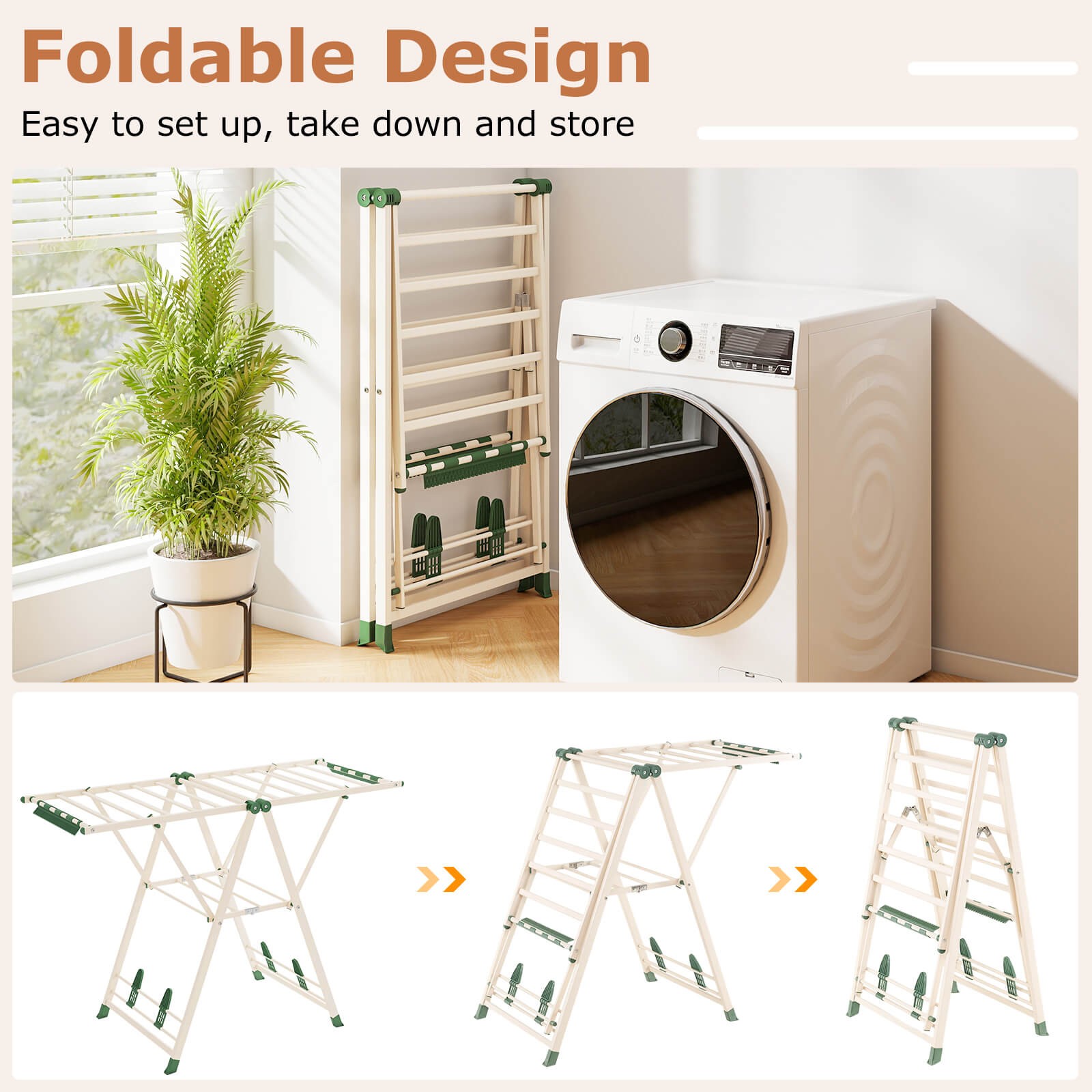 Foldable Metal Laundry Drying Rack w/Height Adjustable Wings, 16 Drying Rails