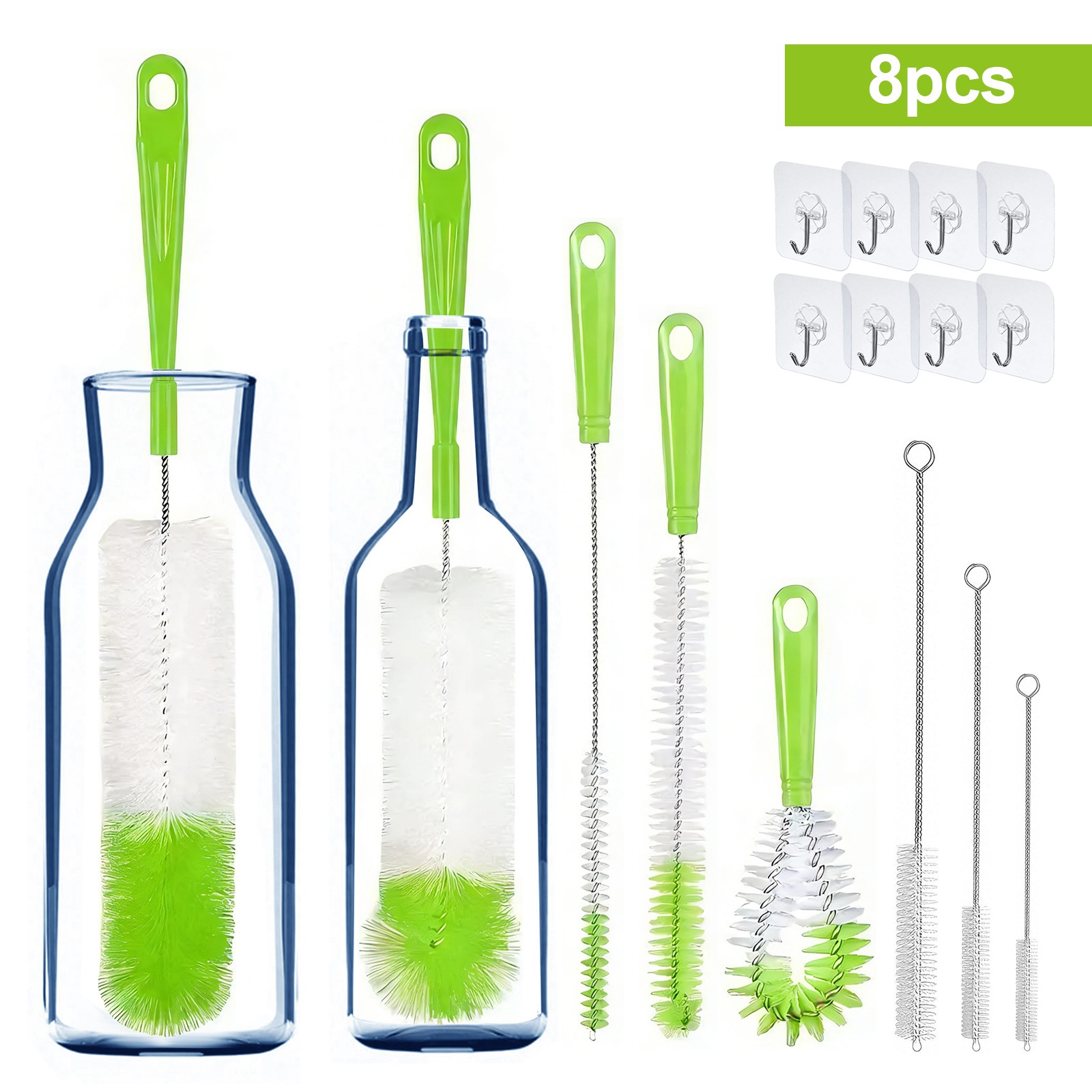 8PCS extended Handle Bottle Brush Set Plastic Cleaner Bottles Straws Cups Blu…