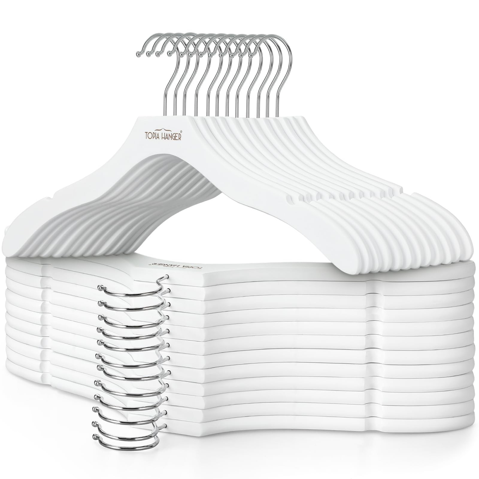 Premium Wooden Hangers for Women – 24 Pack, No Shoulder Bump, 360° Swivel Hook,