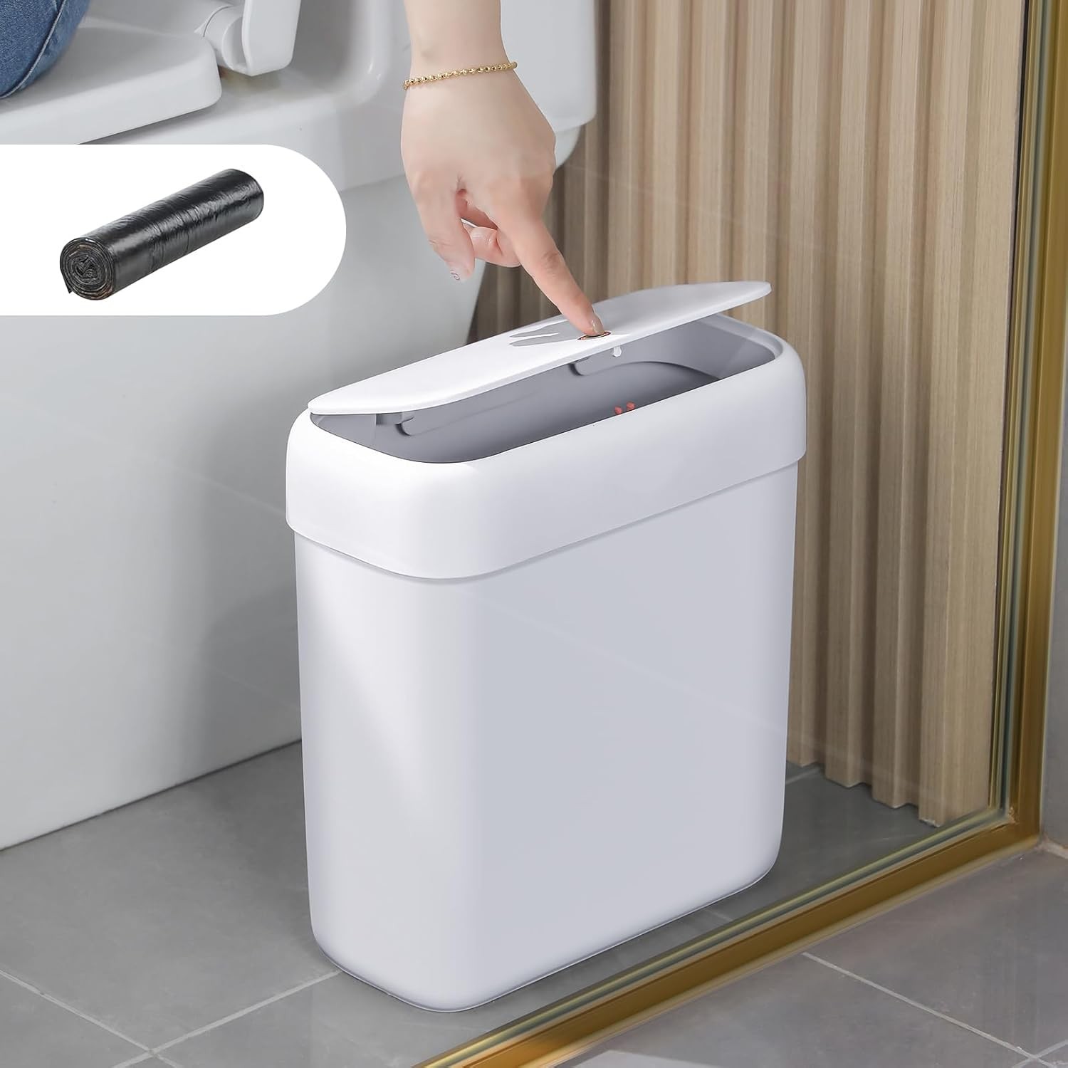 Bathroom Small Trash Can W/ Lid,10L / 2.7 Gallon Slim Garbage Bin Wastebasket W/