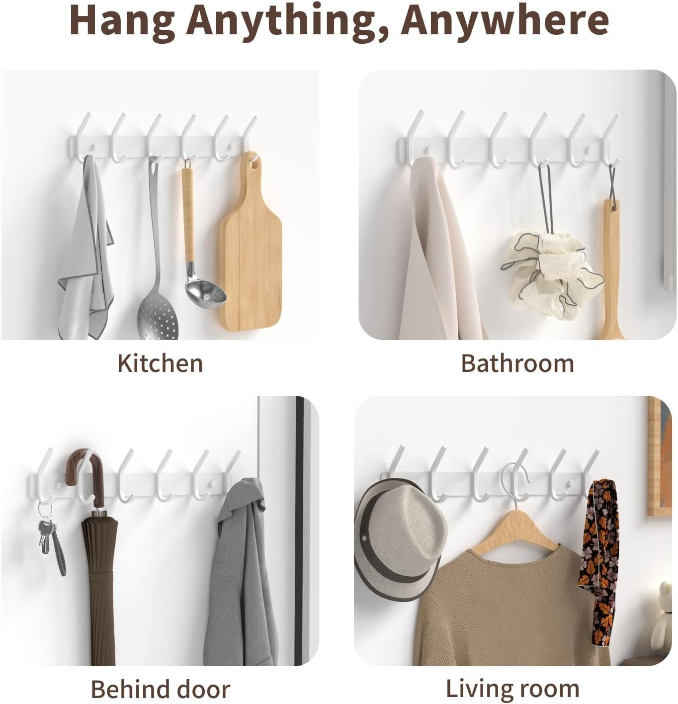 Coat Rack Wall Mount Hooks – 15 Inch White Metal 6-Hook Rack(1 Pack) | Modern Ki