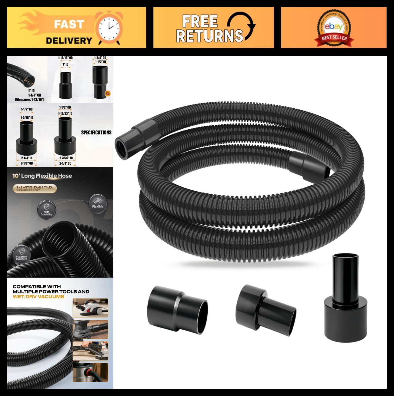 10 Ft Dust Collection Hose Kit with 5 Fittings for Woodworking & Shop Vacuums