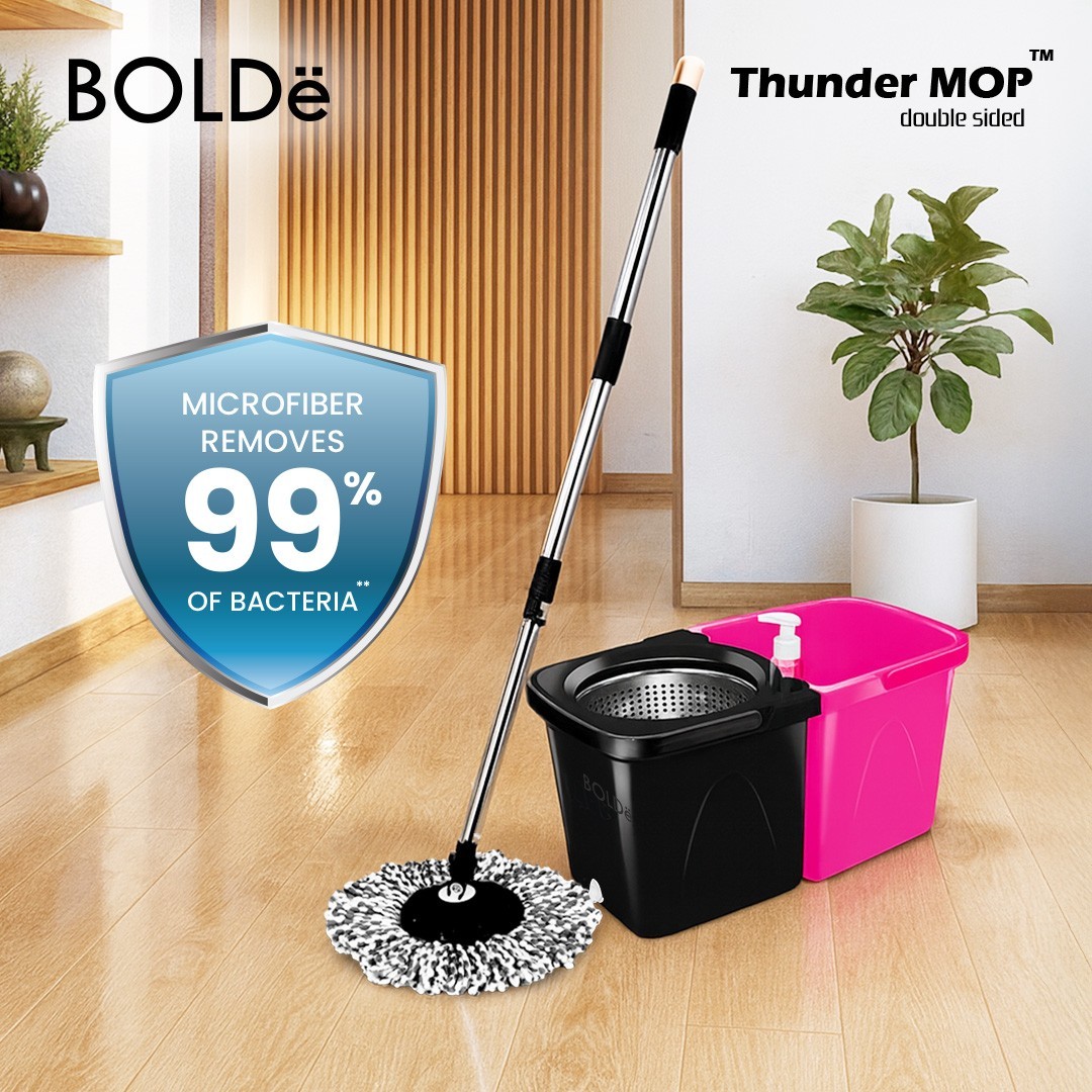 Thunder Mop Dual-Sided Spin System Stackable 6L Mop Bucket Set/3Microfiber Heads