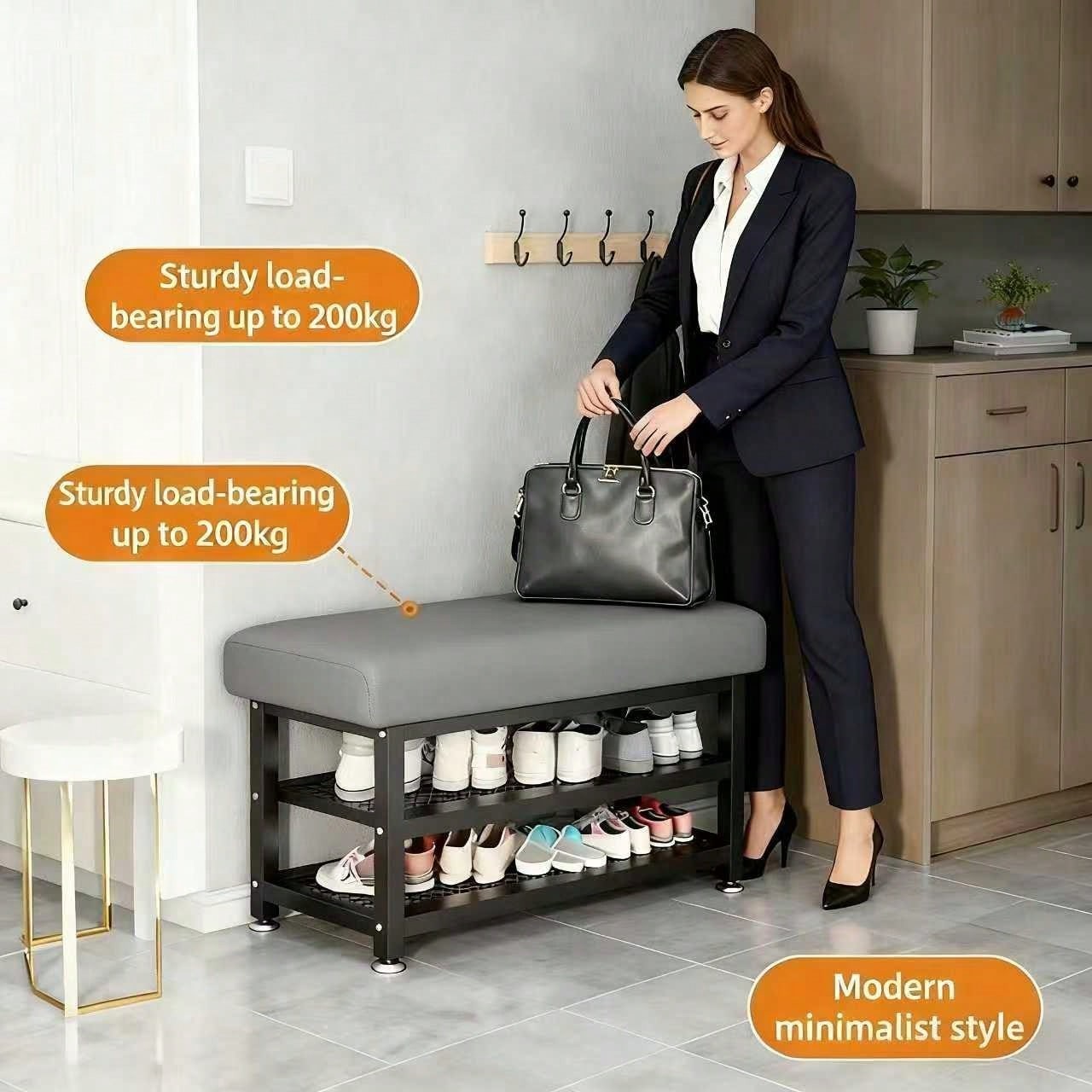 New Shoe Storage Bench Padded Seat Metal Rack Entryway Grey